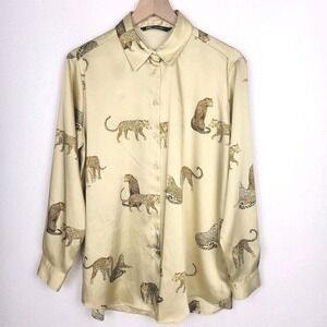 ZARA Animal Print Button Down Blouse Women L Cream Satin Long Sleeve Jungle Chic